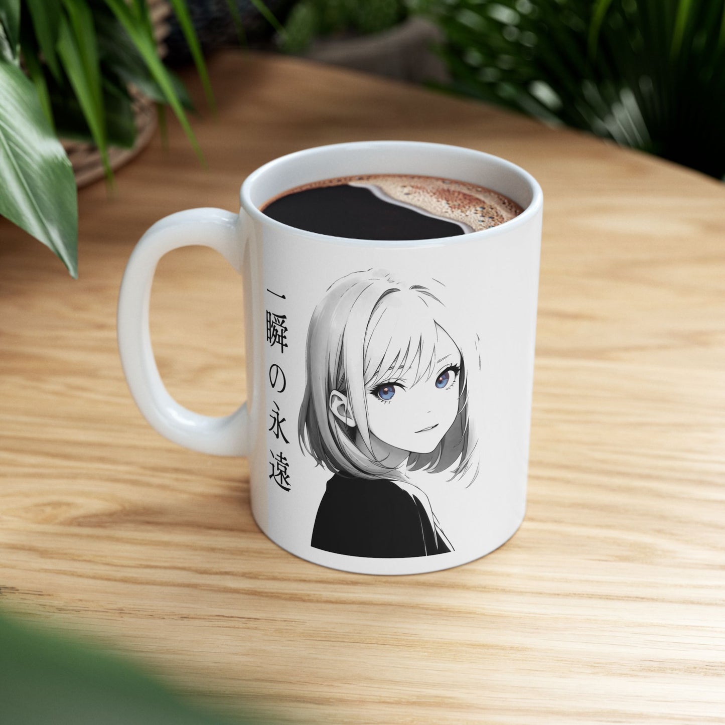 Anime Aesthetic Mug – Black and White Girl with Kanji, Minimalist Manga Coffee Cup Gift for Japanese Art and Thoughtful Moments