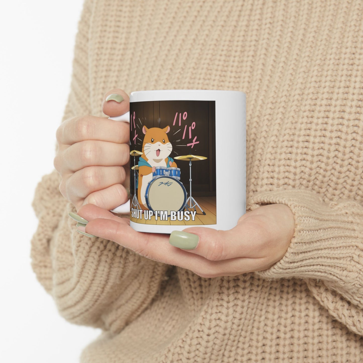 Hamster Meme Mug – Shut Up I’m Busy Drumming, Funny Kawaii Animal Cup for Office Gremlins, Overstimulated Otaku, and Loud Work Moods