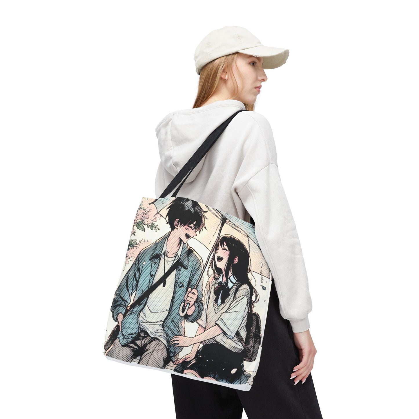 Anime Couple Tote Bag – Soft Romantic Rain Scene, Cute Manga Umbrella Moment, Aesthetic Love Story Bag