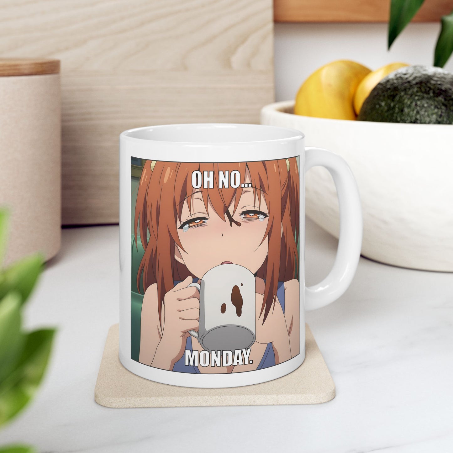 Anime Monday Mug – Oh No Meme Coffee Cup with Tired Girl, Funny Otaku Gift for Work Chaos, Exhausted Mornings, and Relatable Weeb Burnout