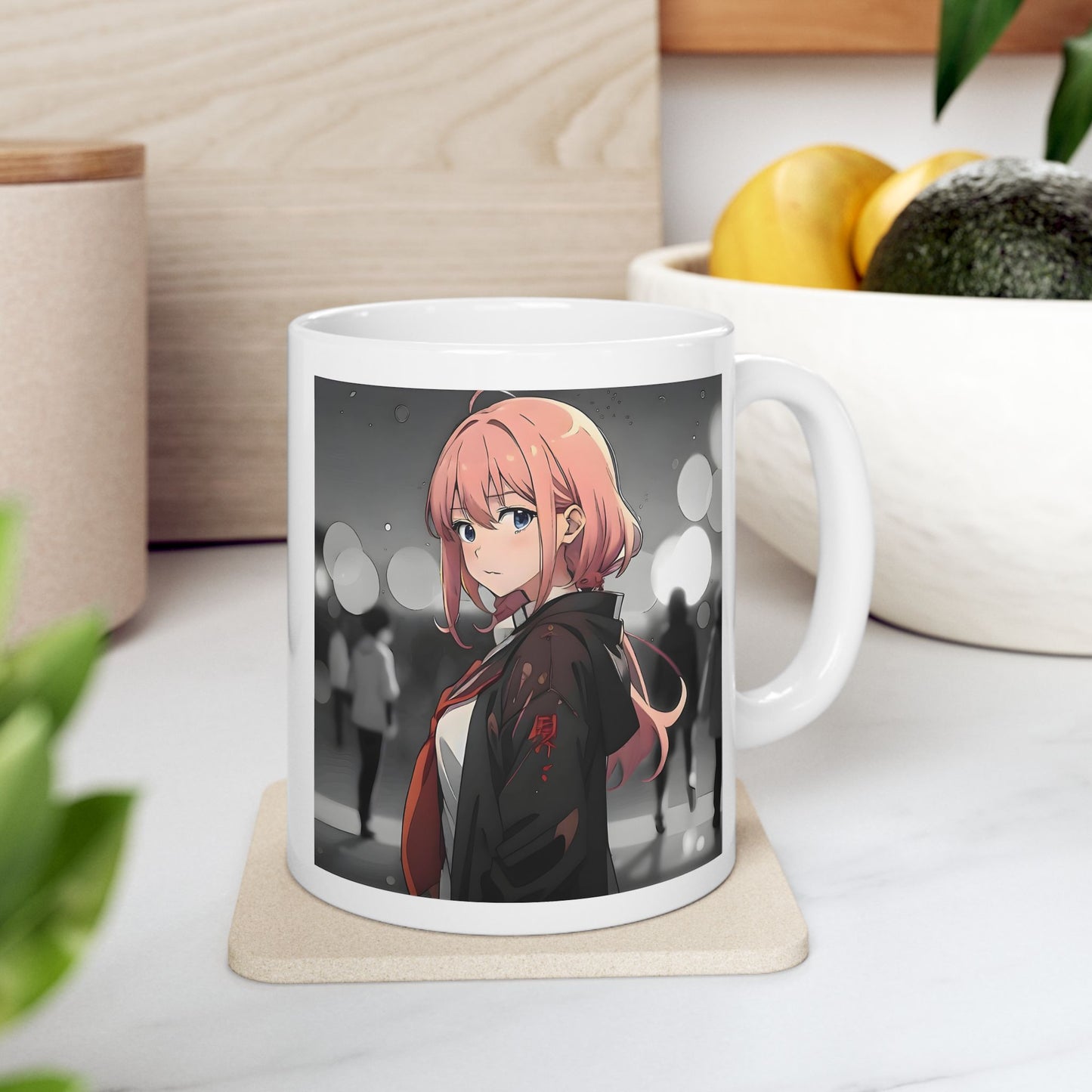 Emotional Anime Mug – Lonely Girl in Rainy Crowd, Pink Hair Manga Scene with Bokeh Lights, Sad Coffee Cup for Soft Moments