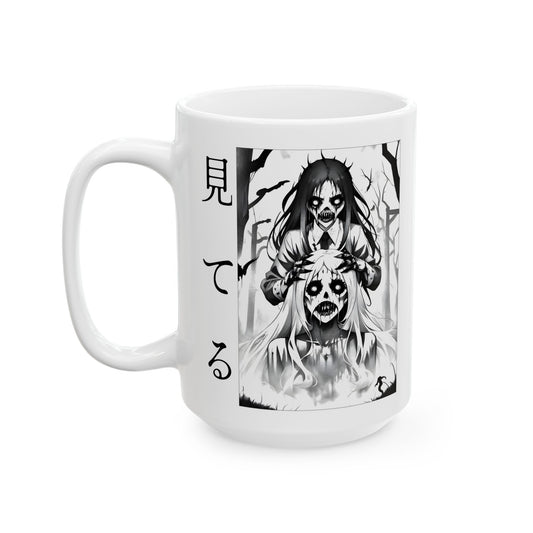 Anime Horror Mug – Creepy Ghost Girls in Forest, Gothic Black-and-White Cup with Kanji, Disturbing Coffee Gift for Horror Fans