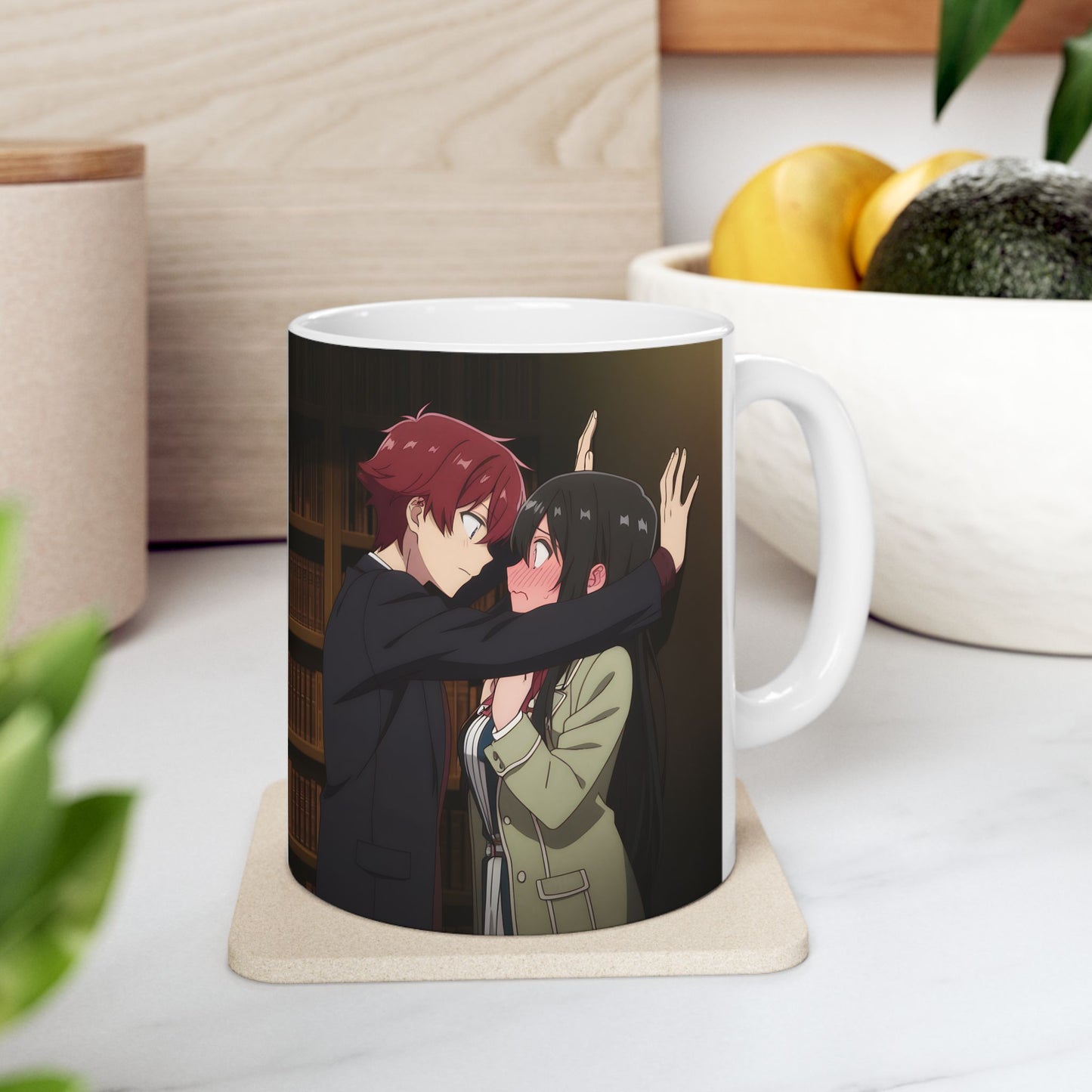 Anime Romance Mug – Heart-Stopping Kabe-Don Scene, Blushing Library Moment, Cute Couple Coffee Cup