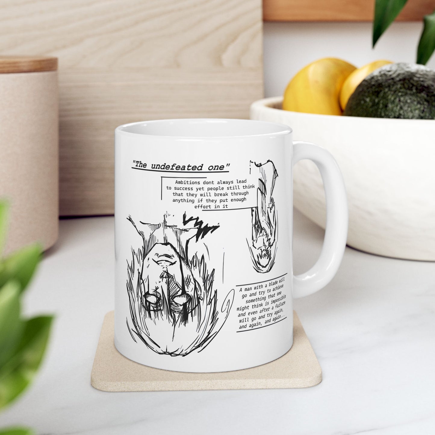Cross-Eyed Samurai Mug – Fall of the Undefeated, Hand-Drawn Manga Art Coffee Cup, Mythic Anime Gift for Fans of Gritty Stories, B&W Samurai Design