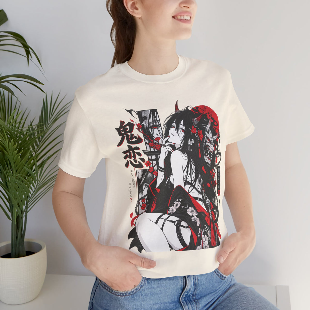 Anime Demon Girl Tee – Red Black Oni Mask Manga Art