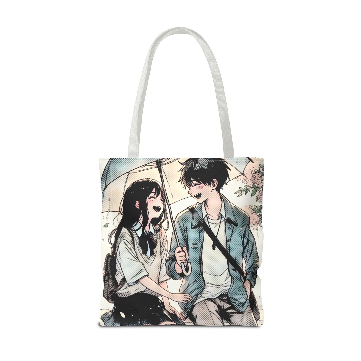 Anime Couple Tote Bag – Soft Romantic Rain Scene, Cute Manga Umbrella Moment, Aesthetic Love Story Bag