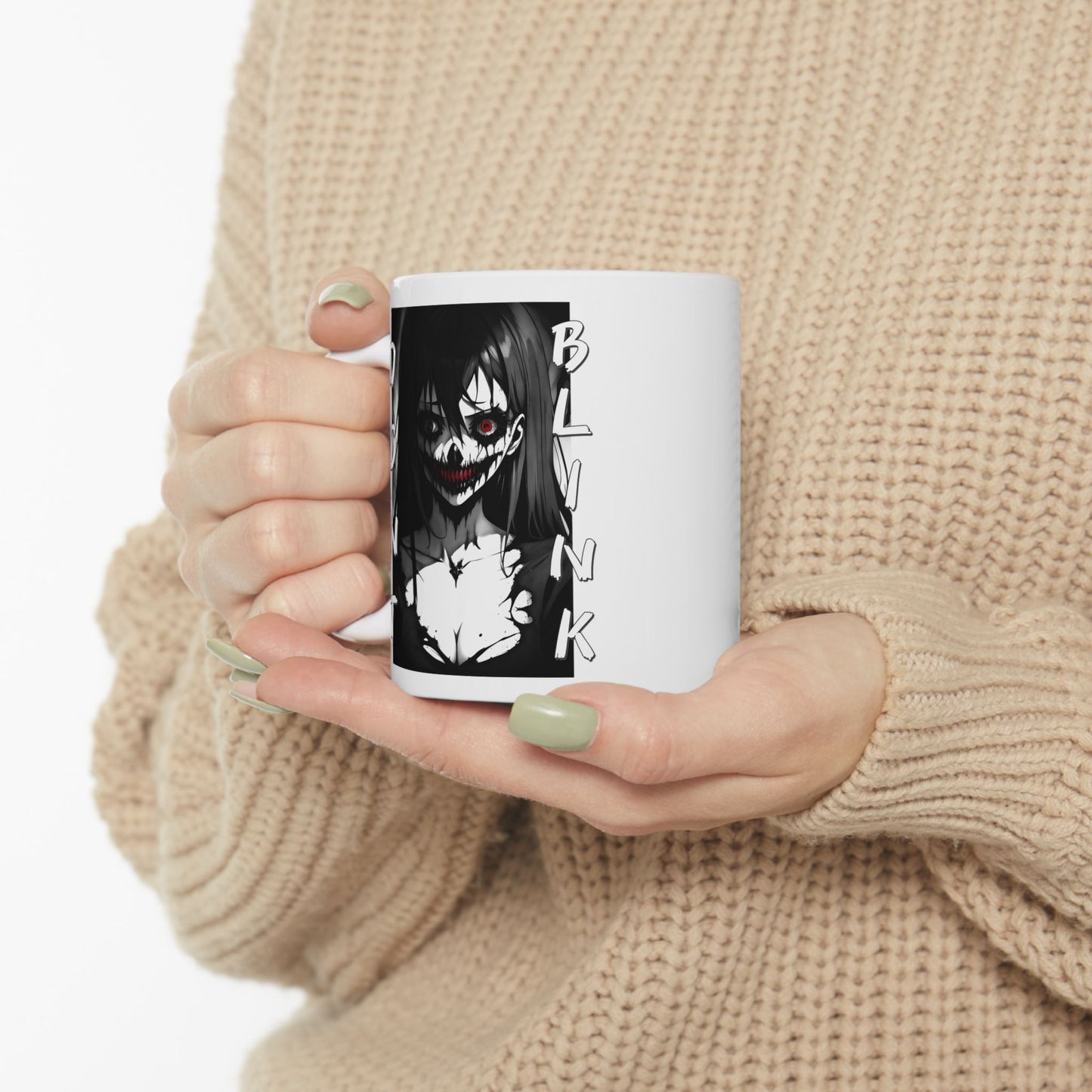Horror Anime Girl Mug – Don’t Blink Creepy Manga Art Cup, Dark Aesthetic Coffee Gift for Horror Fans