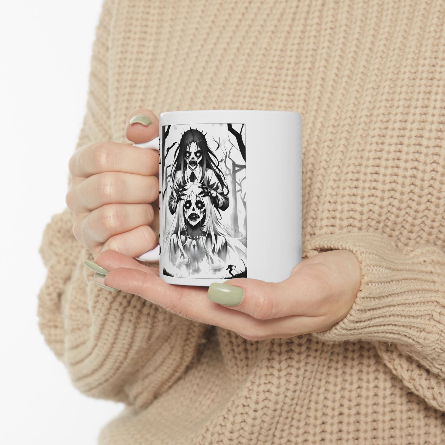 Anime Horror Mug – Creepy Ghost Girls in Forest, Gothic Black-and-White Cup with Kanji, Disturbing Coffee Gift for Horror Fans