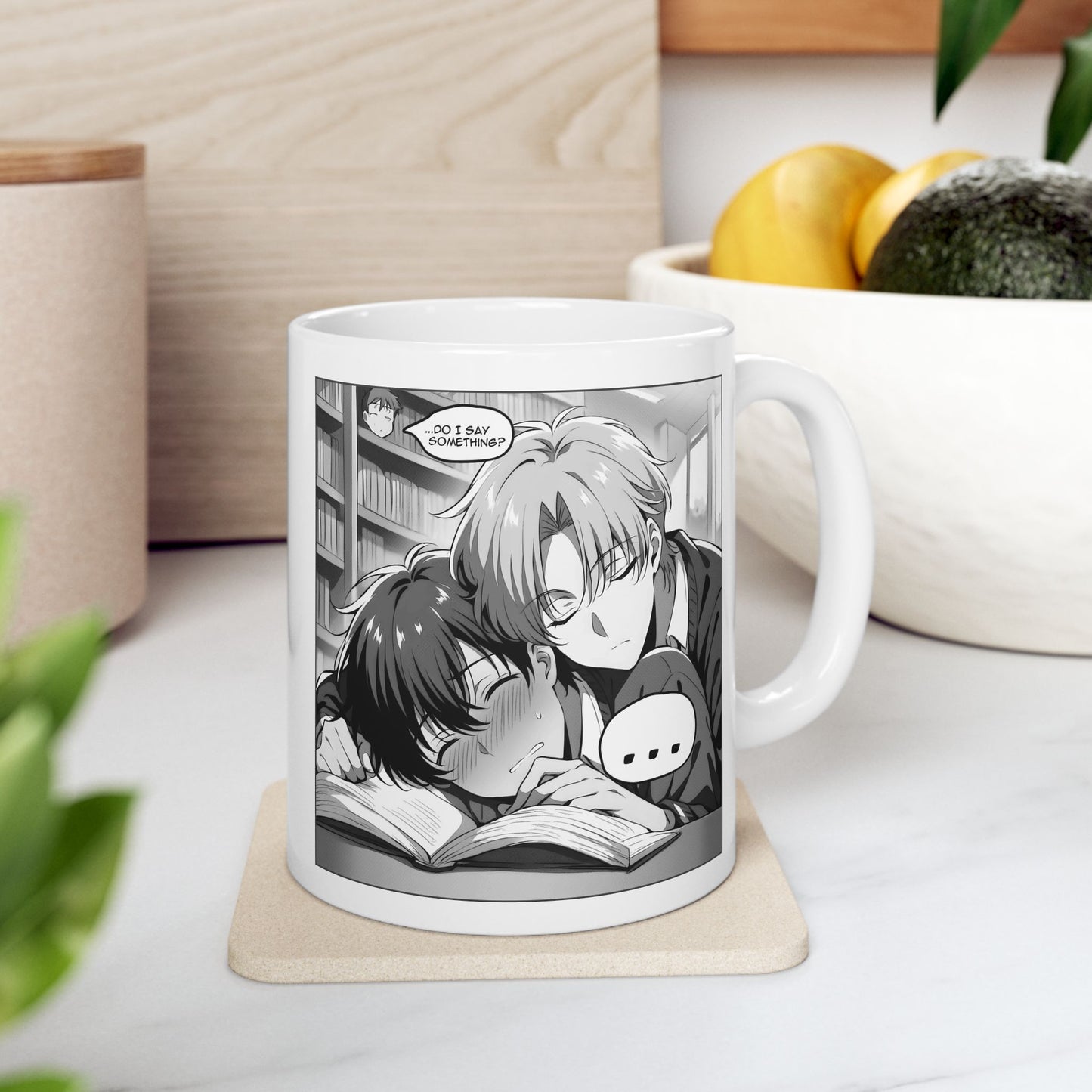 Tender BL Mug – Sleepy Manga Boys in Library Hug Scene, Soft Romantic Moment for Fans of Gentle Love and Quiet Stillness
