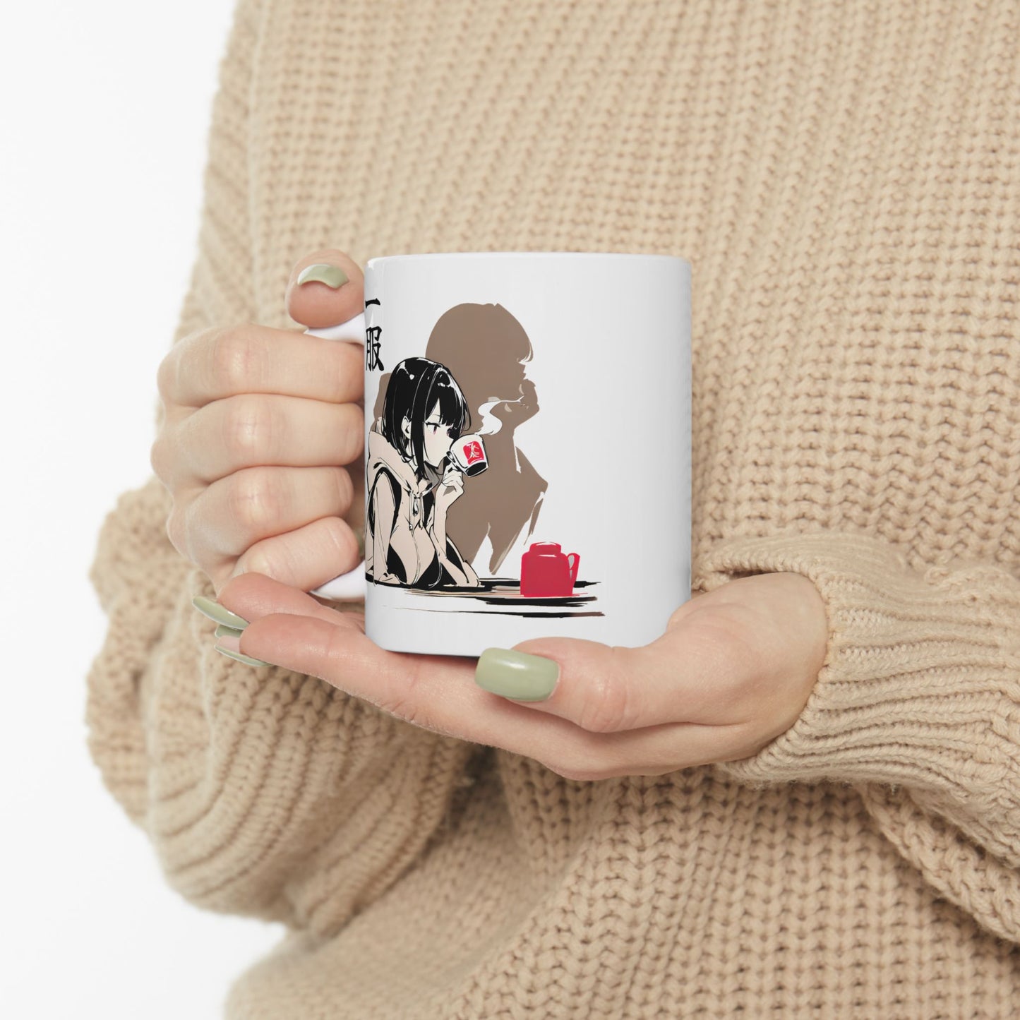 Anime Coffee Mug – Quiet Girl Sipping Tea with Shadow Silhouette, Moody Japanese Art Gift for Introverts and Anime Lovers