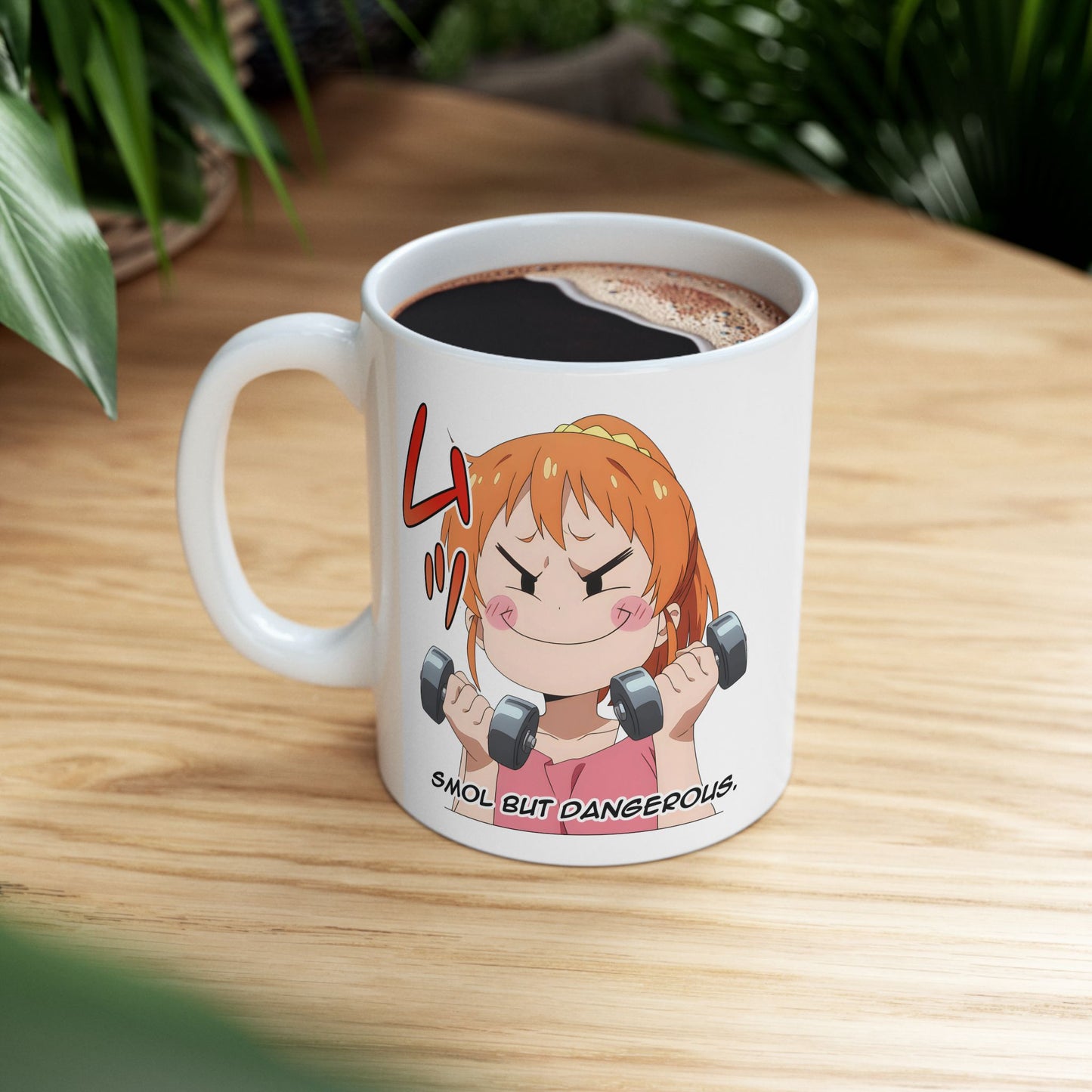 Funny Anime Mug – Smol But Dangerous Chibi Girl Lifting Weights, Otaku Coffee Cup for Chaotic Gym Vibes and Kawaii Workout Energy