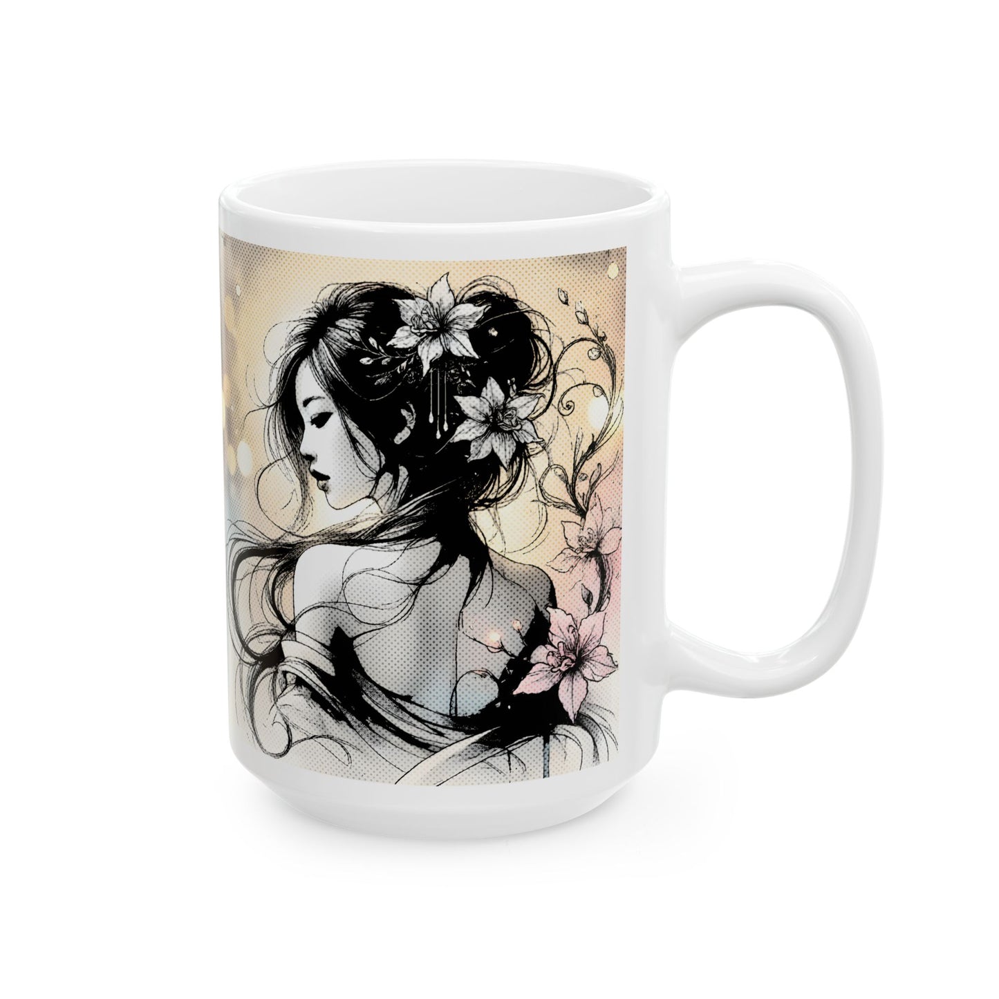 Floral Manga Mug – Elegant Ink Line Art Girl, Soft Japanese-Inspired Flower Scene, Aesthetic Anime Coffee Cup