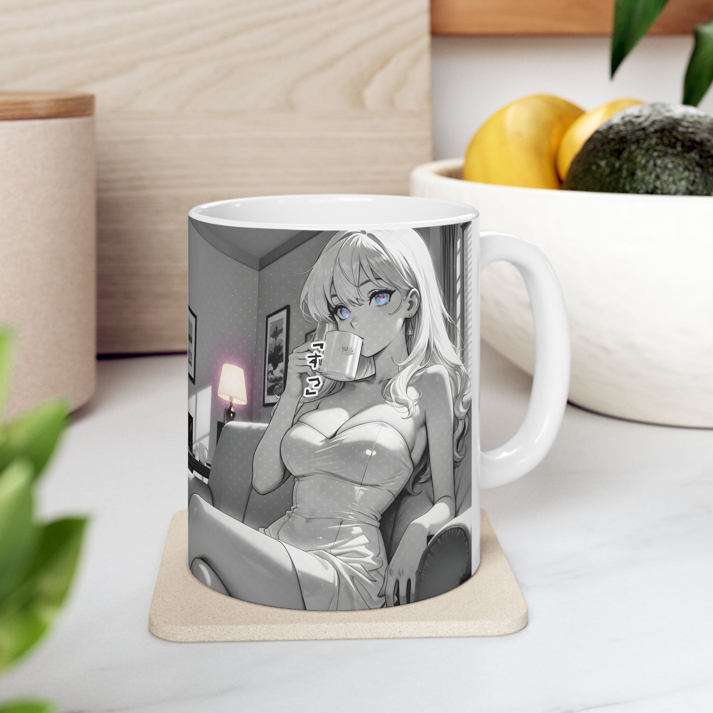 Elegant Anime Girl Mug – Late-Night Seinen Aesthetic Scene, Classy Manga Coffee Cup for Mature Otaku Moments