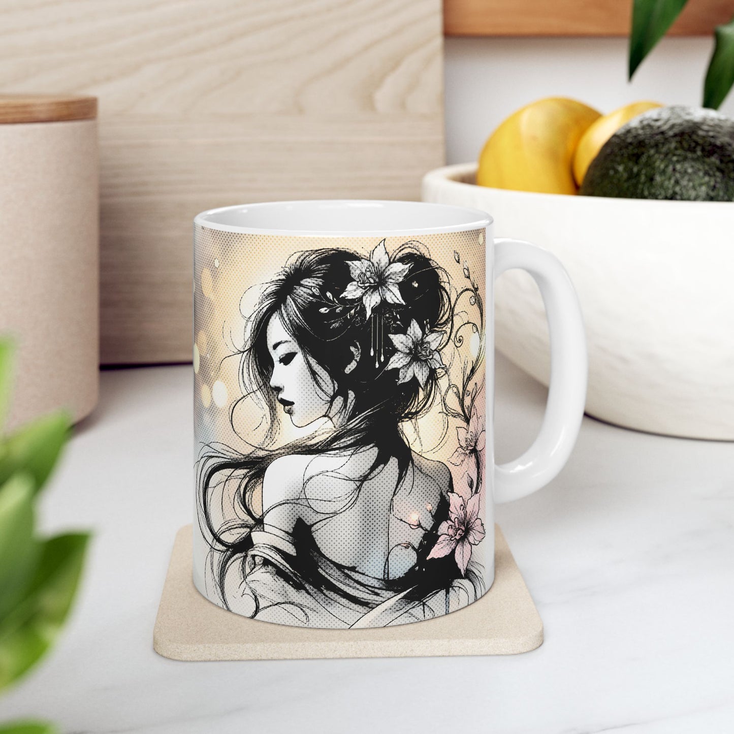 Floral Manga Mug – Elegant Ink Line Art Girl, Soft Japanese-Inspired Flower Scene, Aesthetic Anime Coffee Cup