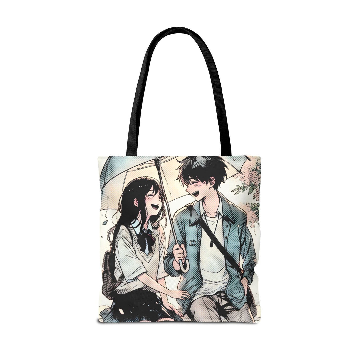 Anime Couple Tote Bag – Soft Romantic Rain Scene, Cute Manga Umbrella Moment, Aesthetic Love Story Bag