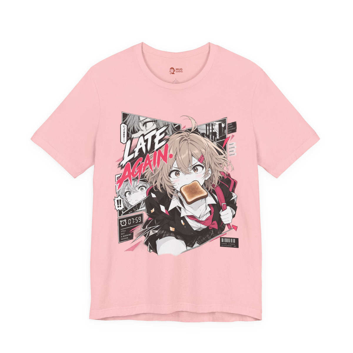 Anime Meme Shirt – Late Again School Girl & Toast Manga Graphic
