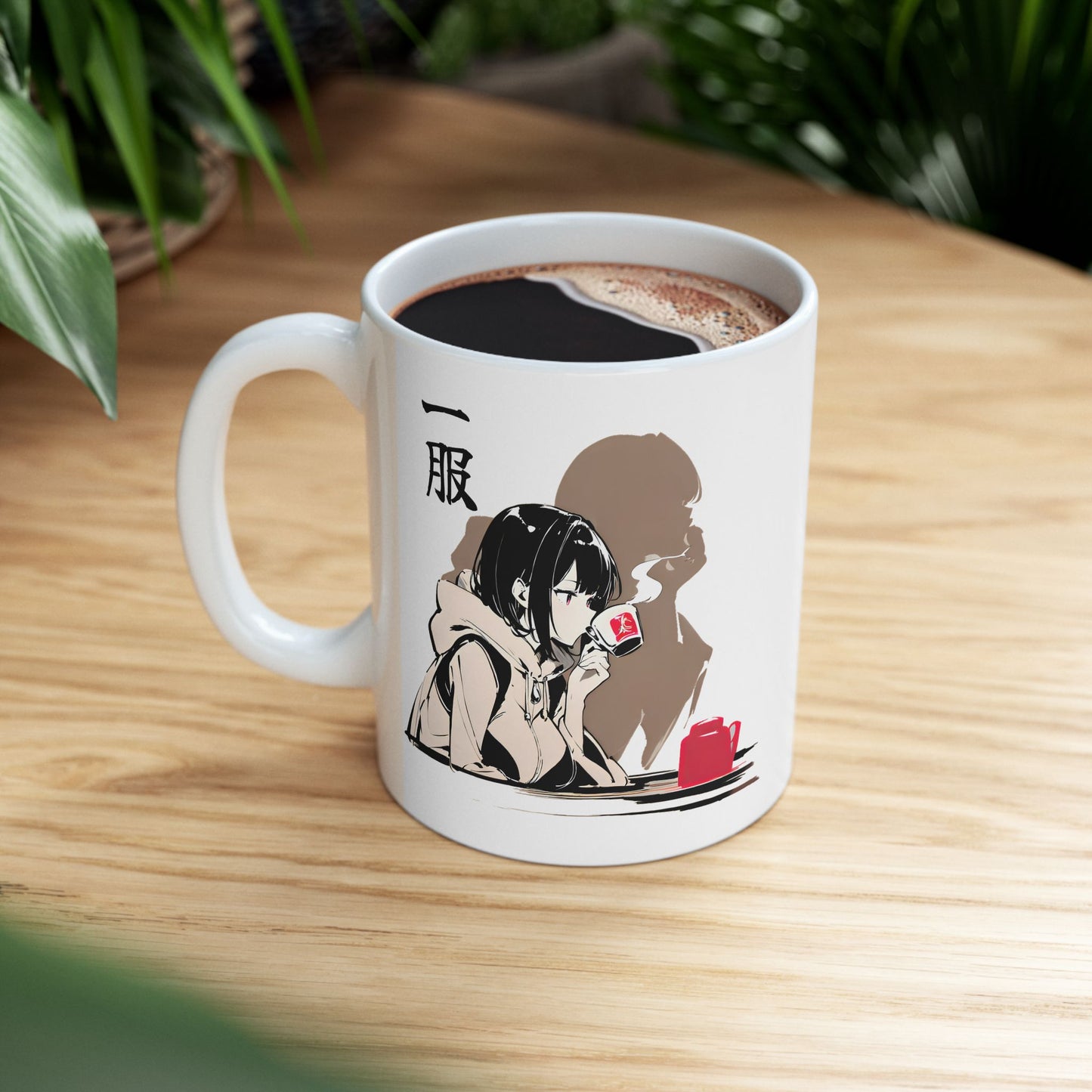 Anime Coffee Mug – Quiet Girl Sipping Tea with Shadow Silhouette, Moody Japanese Art Gift for Introverts and Anime Lovers