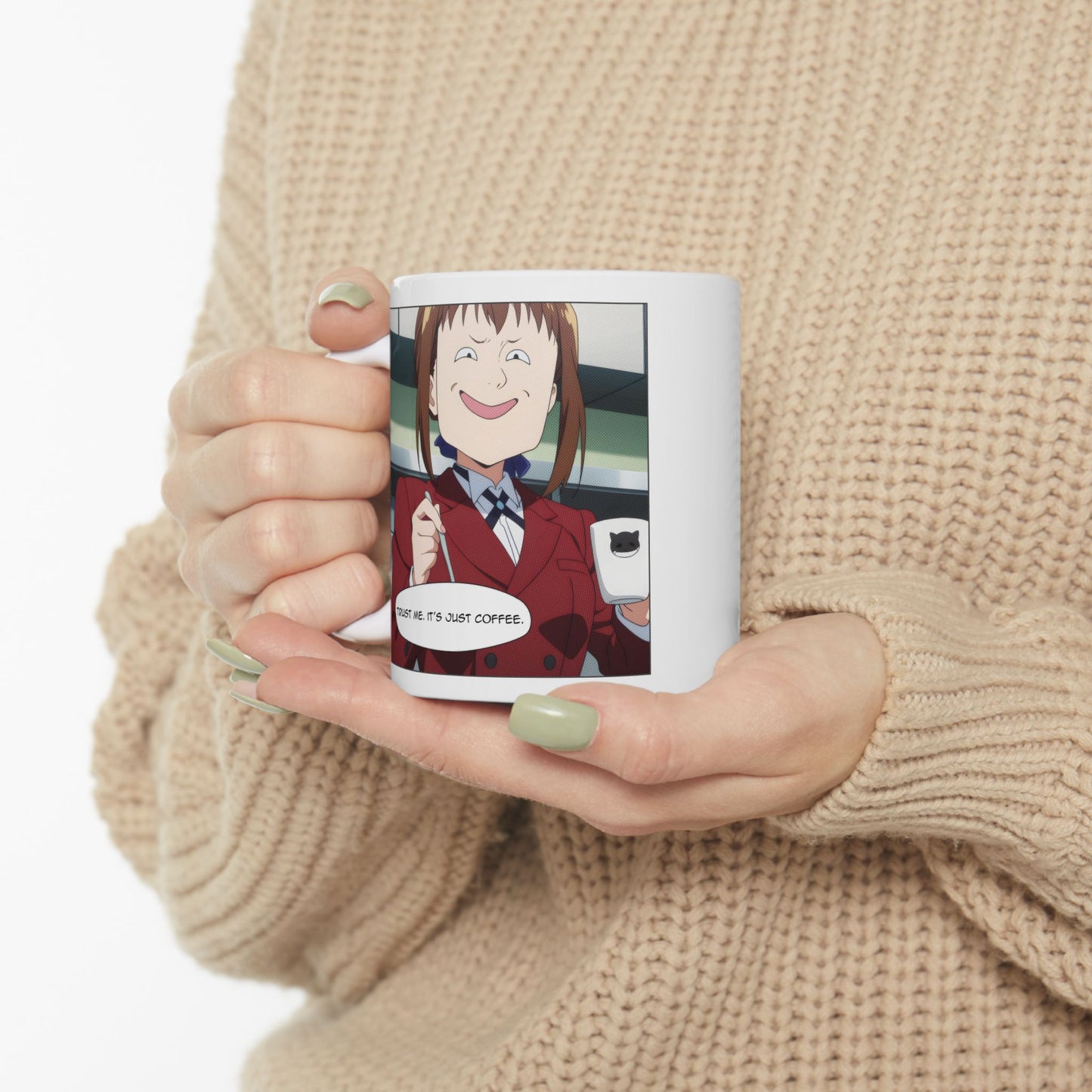 Anime Coffee Mug – Suspicious Girl Meme Cup with “Trust Me It’s Just Coffee” Quote, Funny Otaku Gift for Work Chaos