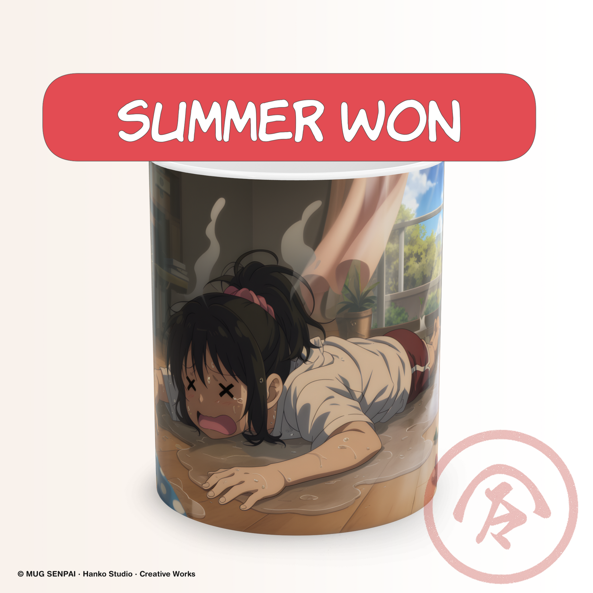 Funny summer anime mug featuring an exhausted anime girl collapsed on the floor from the summer heat in a cozy slice of life room.