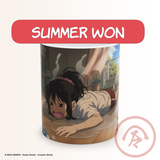 Funny summer anime mug featuring an exhausted anime girl collapsed on the floor from the summer heat in a cozy slice of life room.