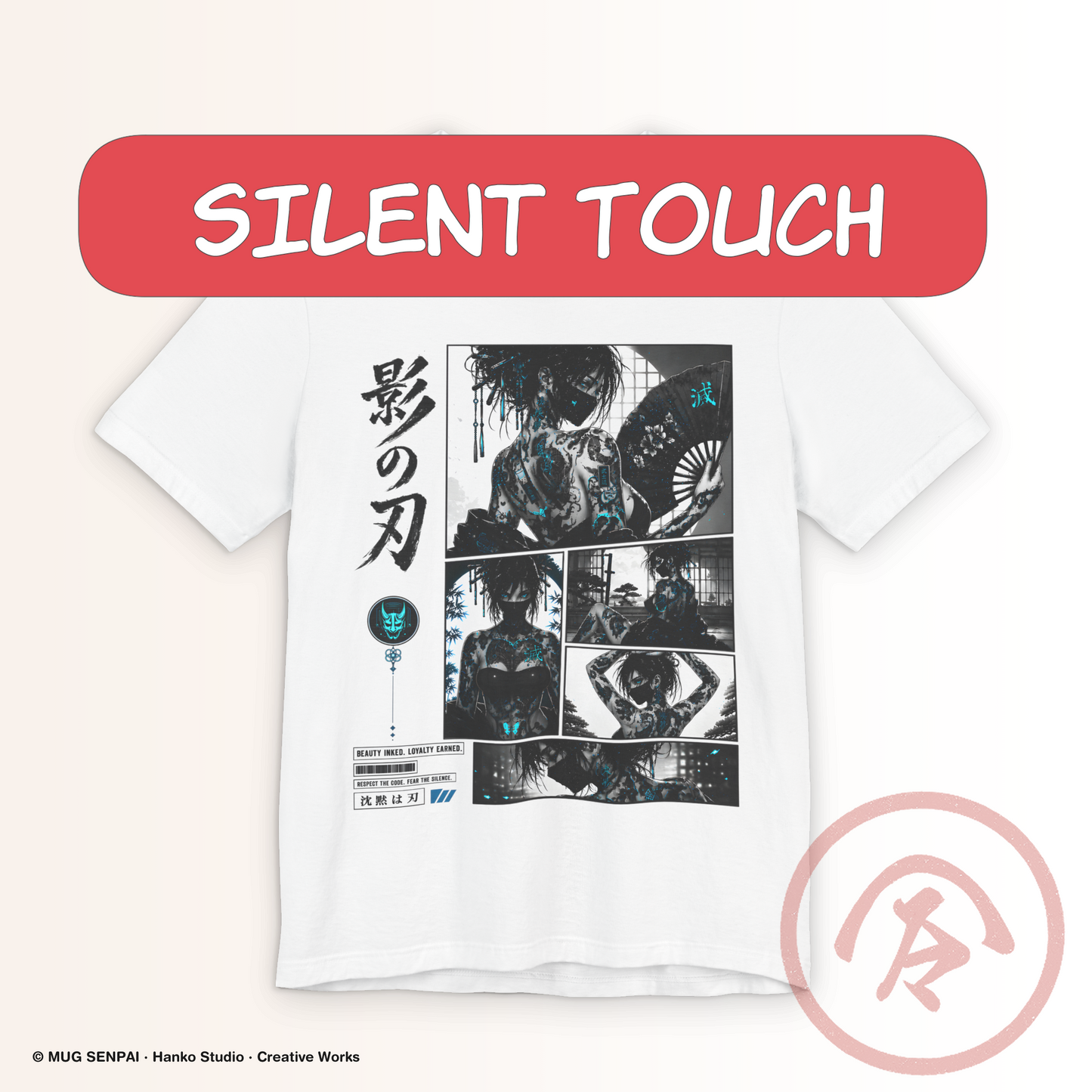 Anime Shinobi Tee featuring a tattooed ninja girl with blue accents, manga-style artwork, Japanese calligraphy, floral details, and dark streetwear aesthetics. A premium graphic T-shirt for anime fans, ninja enthusiasts, Japanese fashion lovers, conventions, and everyday wear.