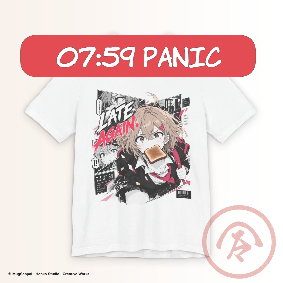 Black anime meme shirt featuring a light-haired manga schoolgirl running late with toast in her mouth, a shoulder bag, bold Late Again text, black-and-white reaction panels, a 07:59 clock, pink-red graphic accents, and dynamic school-anime details.
