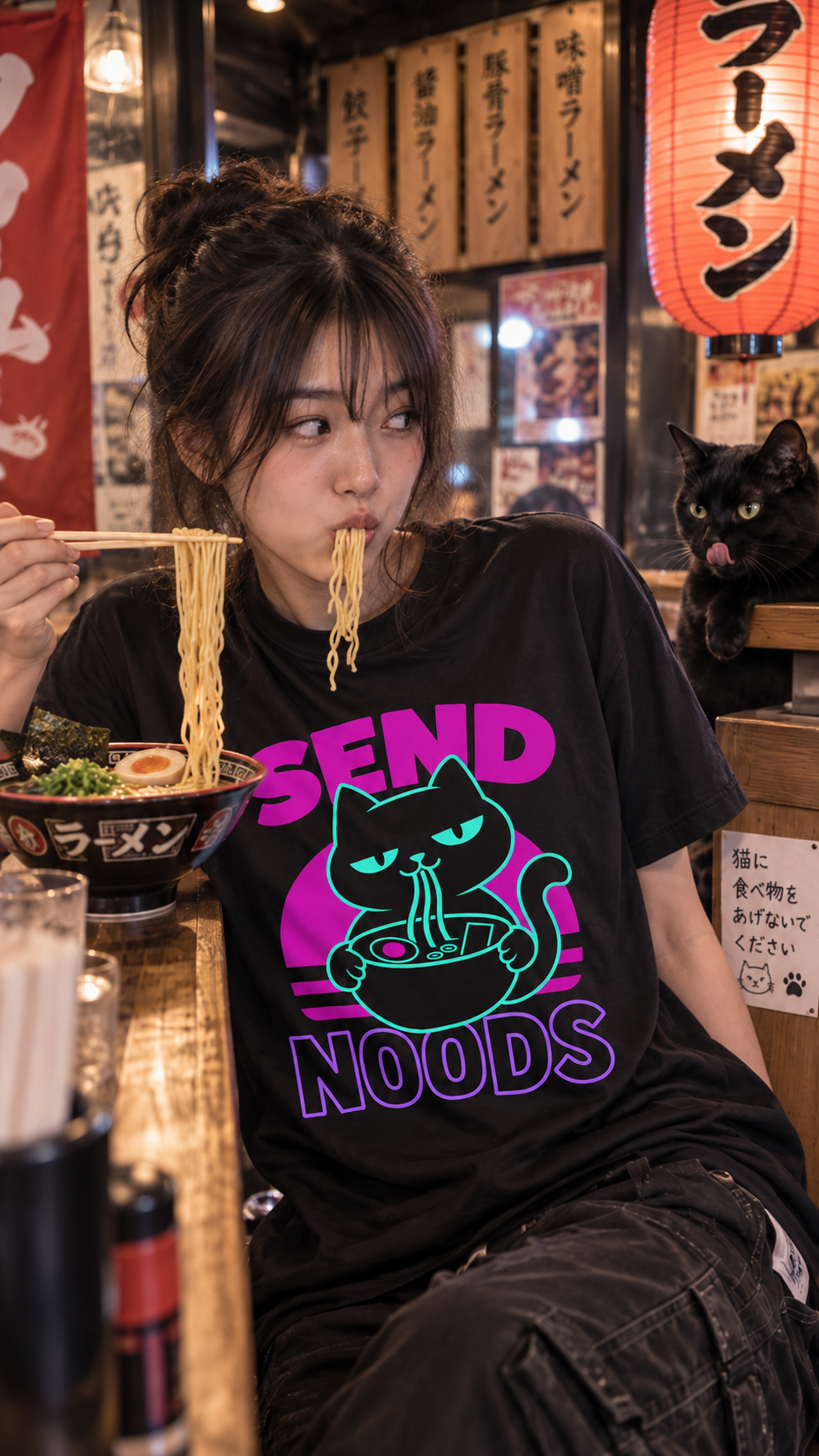 Young woman wearing a black SEND NOODS cat graphic T-shirt side-eyes a black cat while slurping ramen in a cozy Japanese-style noodle shop lifestyle mockup.