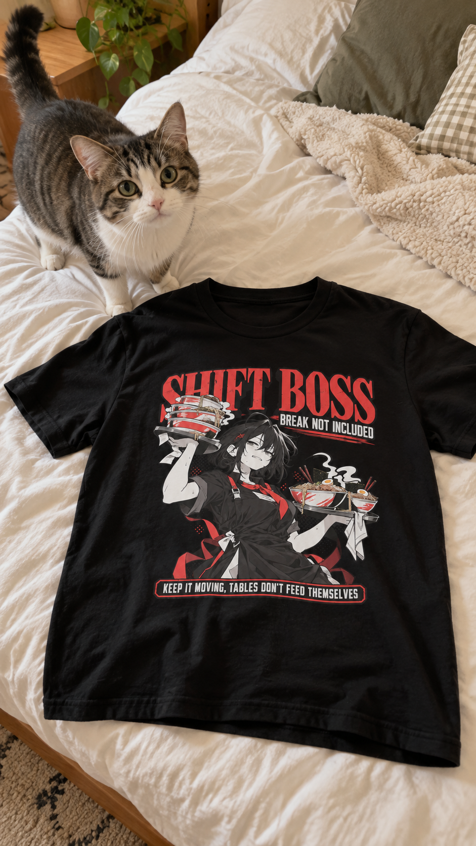 A black graphic t-shirt featuring an anime character and the text 'SHIFT BOSS' in red, laid flat on a white bed next to a tabby cat.