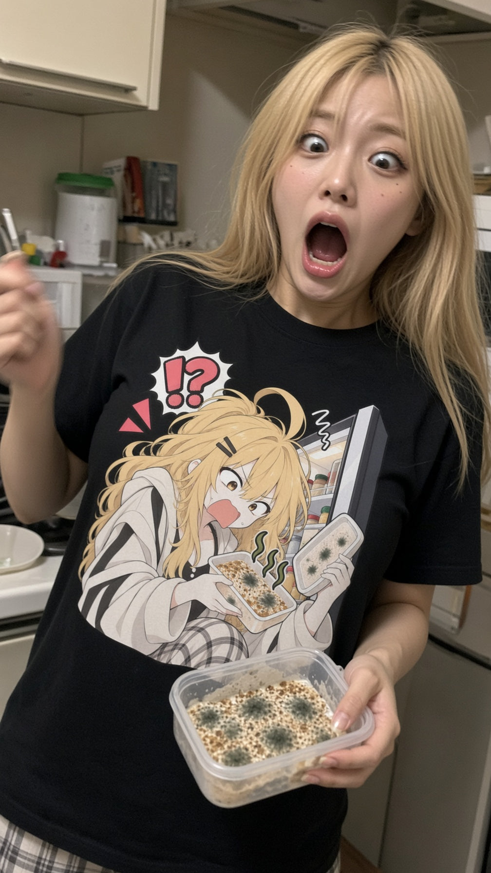 A woman in a kitchen wearing a black graphic t-shirt with an anime character print, holding a clear container of food.