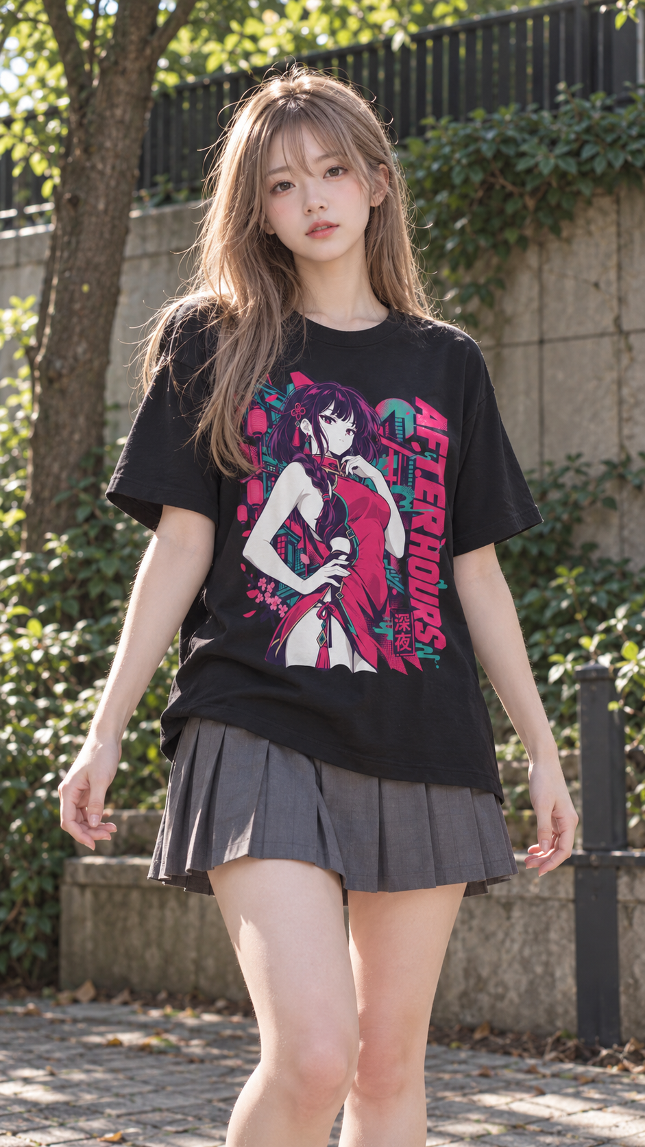 Woman with long ash-blonde hair wearing a black MugSenpai AFTERHOURS anime graphic T-shirt and a charcoal pleated skirt. Standing naturally in a sunlit outdoor park with greenery, a stone wall, and a dark fence behind her. The shirt features a neon pink and teal anime girl illustration.