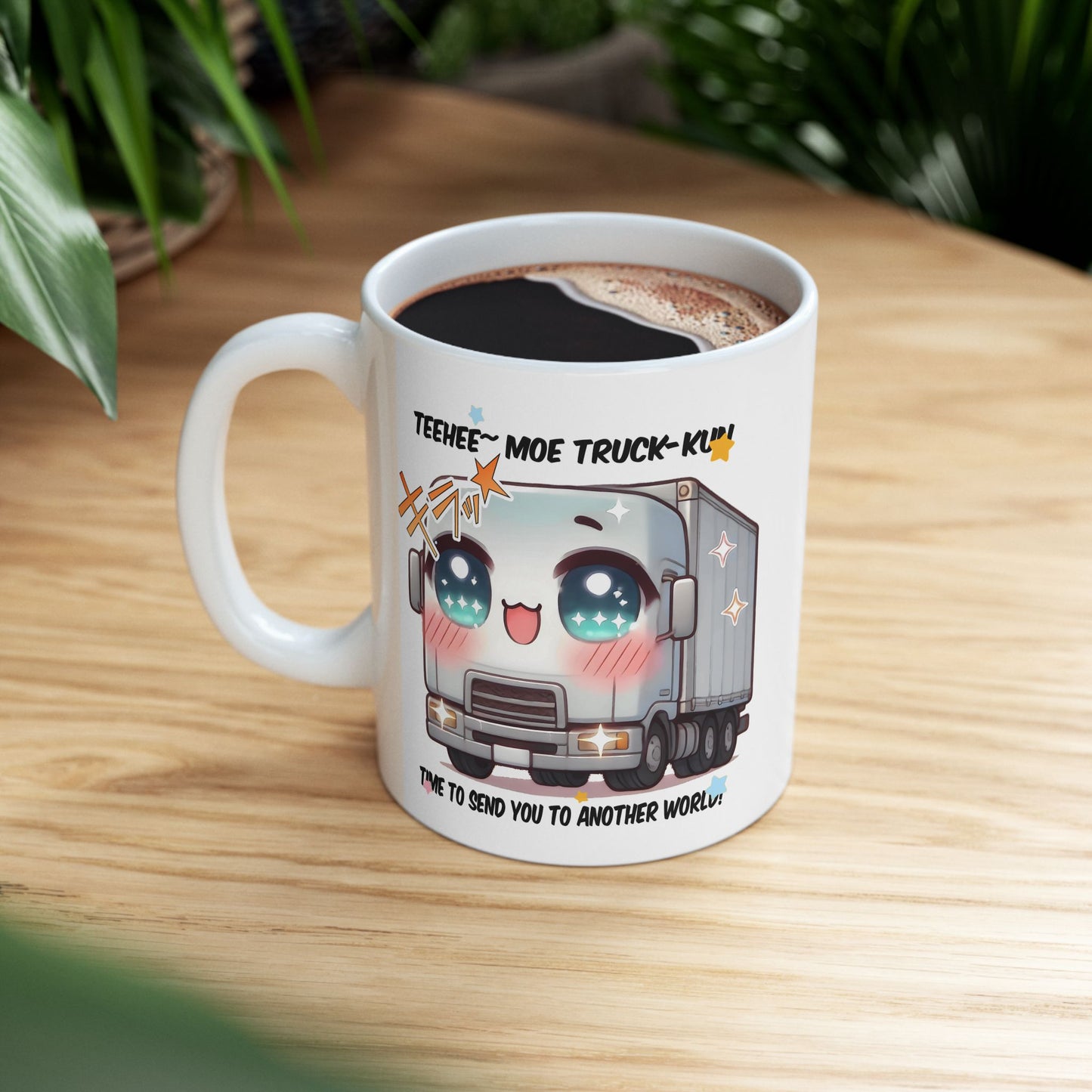 Truck Kun Mug – Funny Isekai Meme Coffee Cup, Moe Anime Truck Otaku Gift for Fans of Another World Adventures and Chaotic Kawaii Humor
