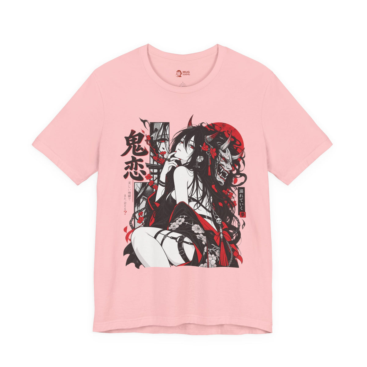 Anime Demon Girl Tee – Red Black Oni Mask Manga Art