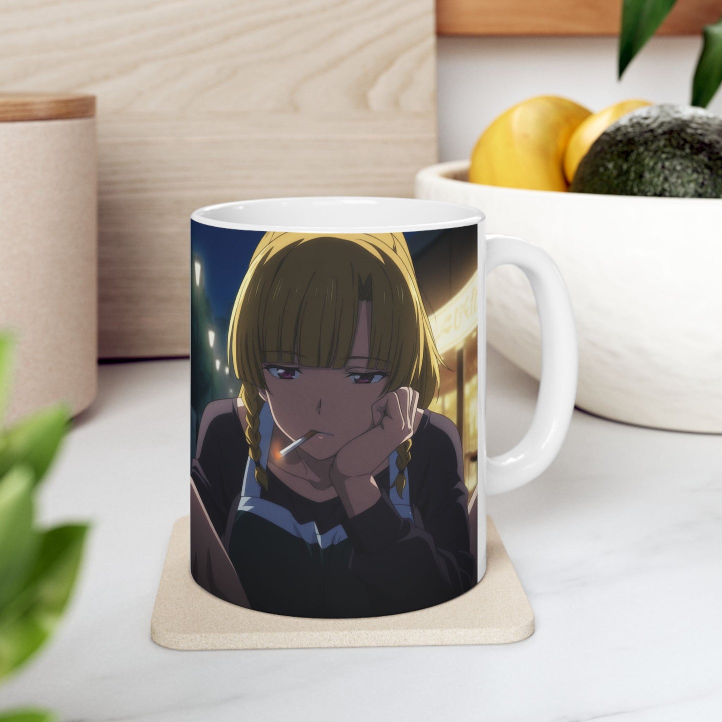 Anime Aesthetic Mug – Tired Night-Shift Girl, Moody Late-Night Bar Scene, Emotional Manga Coffee Cup