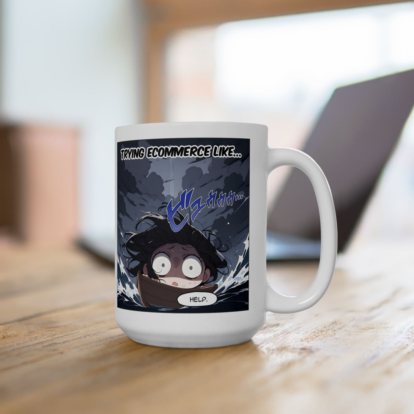 Anime Meme Mug – RUKO Drowning in Chaos, Funny Ecommerce Struggle Cup, Relatable Otaku Gift for Small Business Gremlins