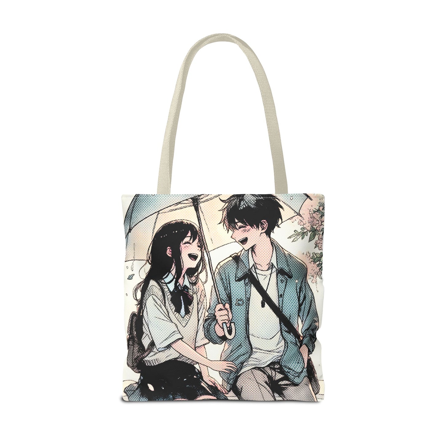 Anime Couple Tote Bag – Soft Romantic Rain Scene, Cute Manga Umbrella Moment, Aesthetic Love Story Bag