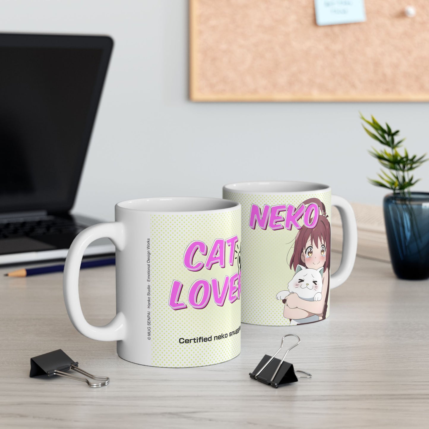 Kawaii Cat Mug – Cute Anime Girl Hugging Chubby Neko, Cozy Anime Coffee Cup for Cat Lovers
