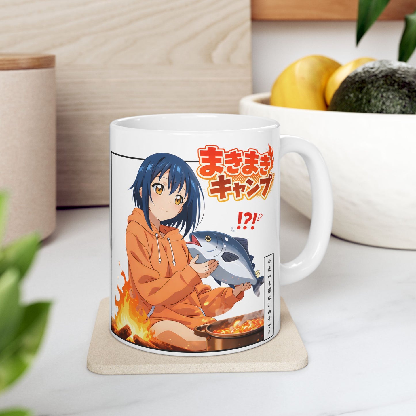 Funny Anime Mug – Camping Girl Cooking Fish Scene, Chaotic Campfire Anime Cup, Cute Cooking Disaster Mug, Weird Anime Humor Gift