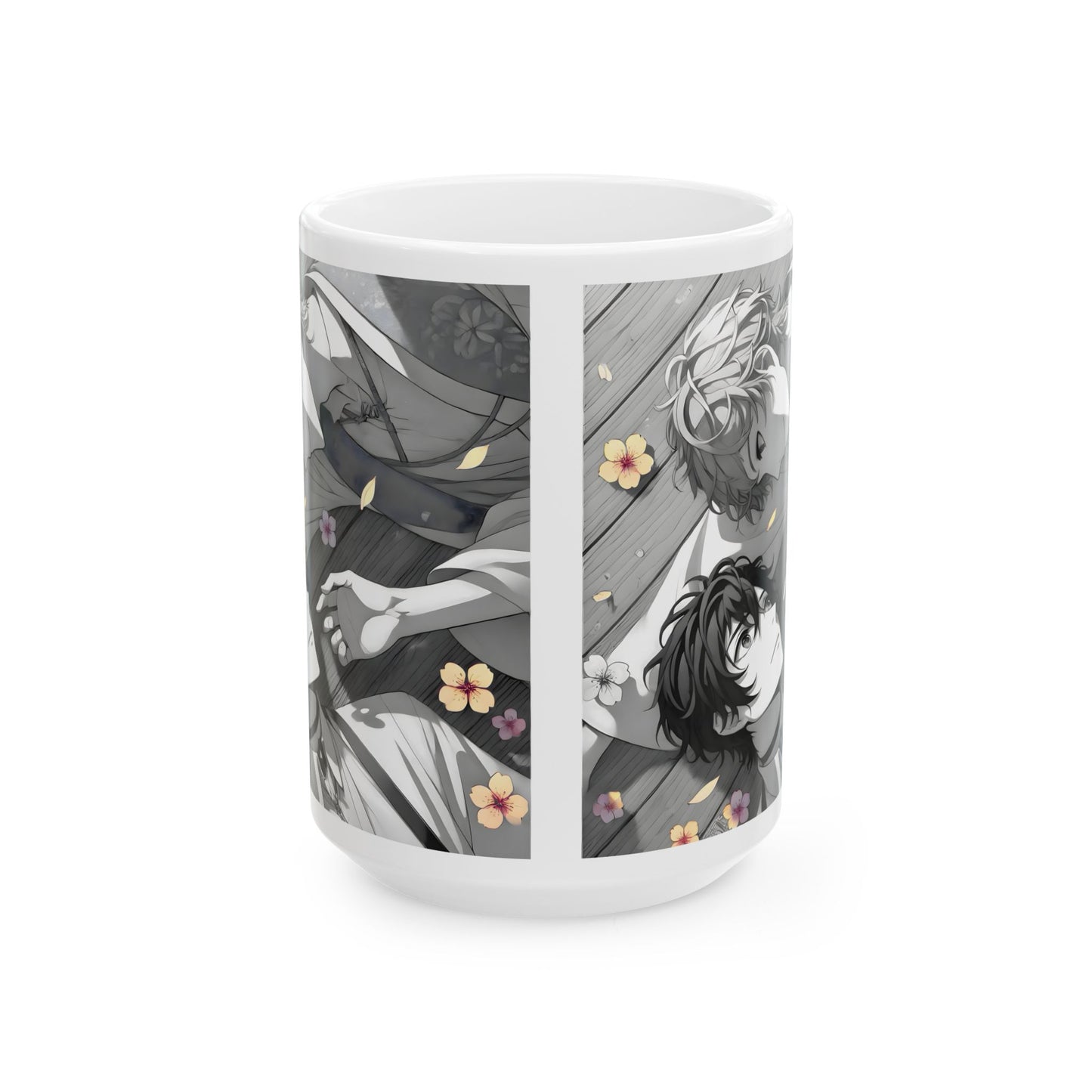 Boys Love Anime Mug – Soft Flower Petal Romance, Gentle BL Moment, Emotional Manga Coffee Cup