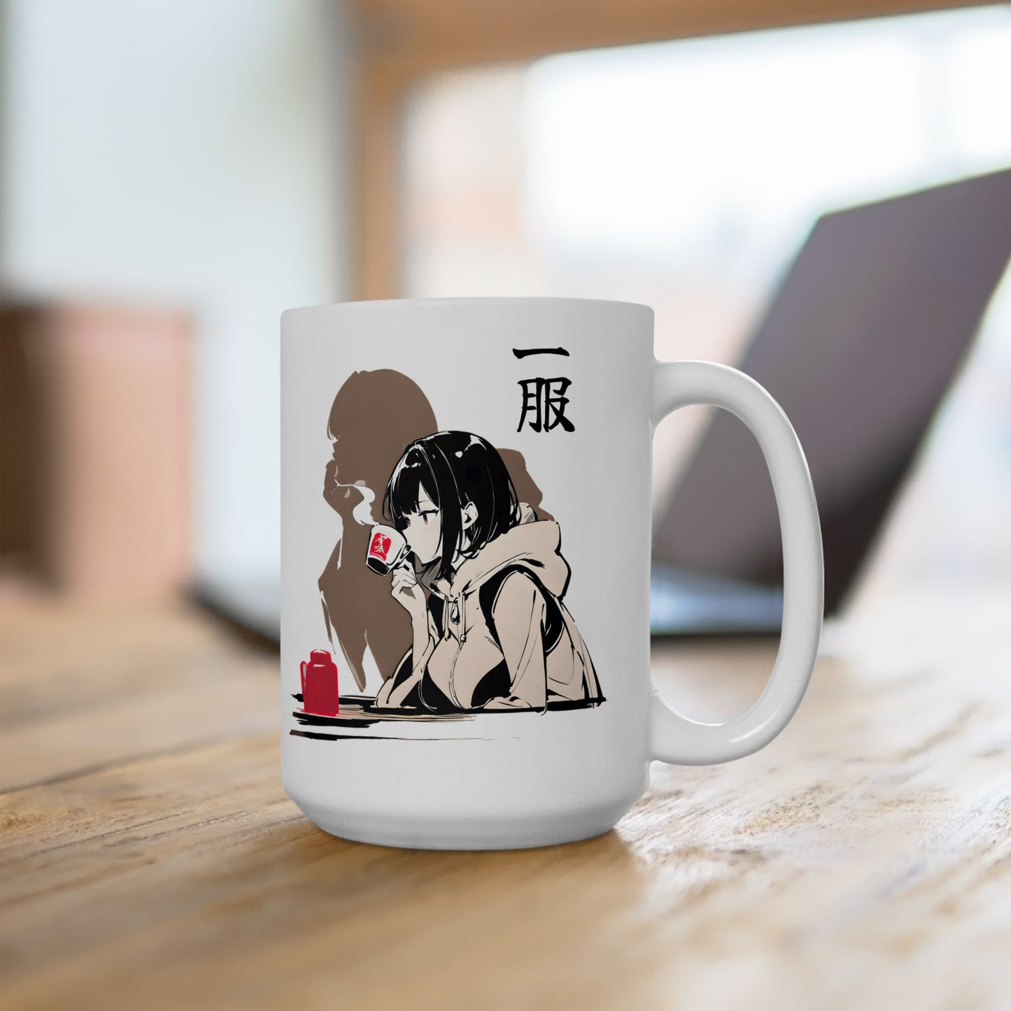 Anime Coffee Mug – Quiet Girl Sipping Tea with Shadow Silhouette, Moody Japanese Art Gift for Introverts and Anime Lovers