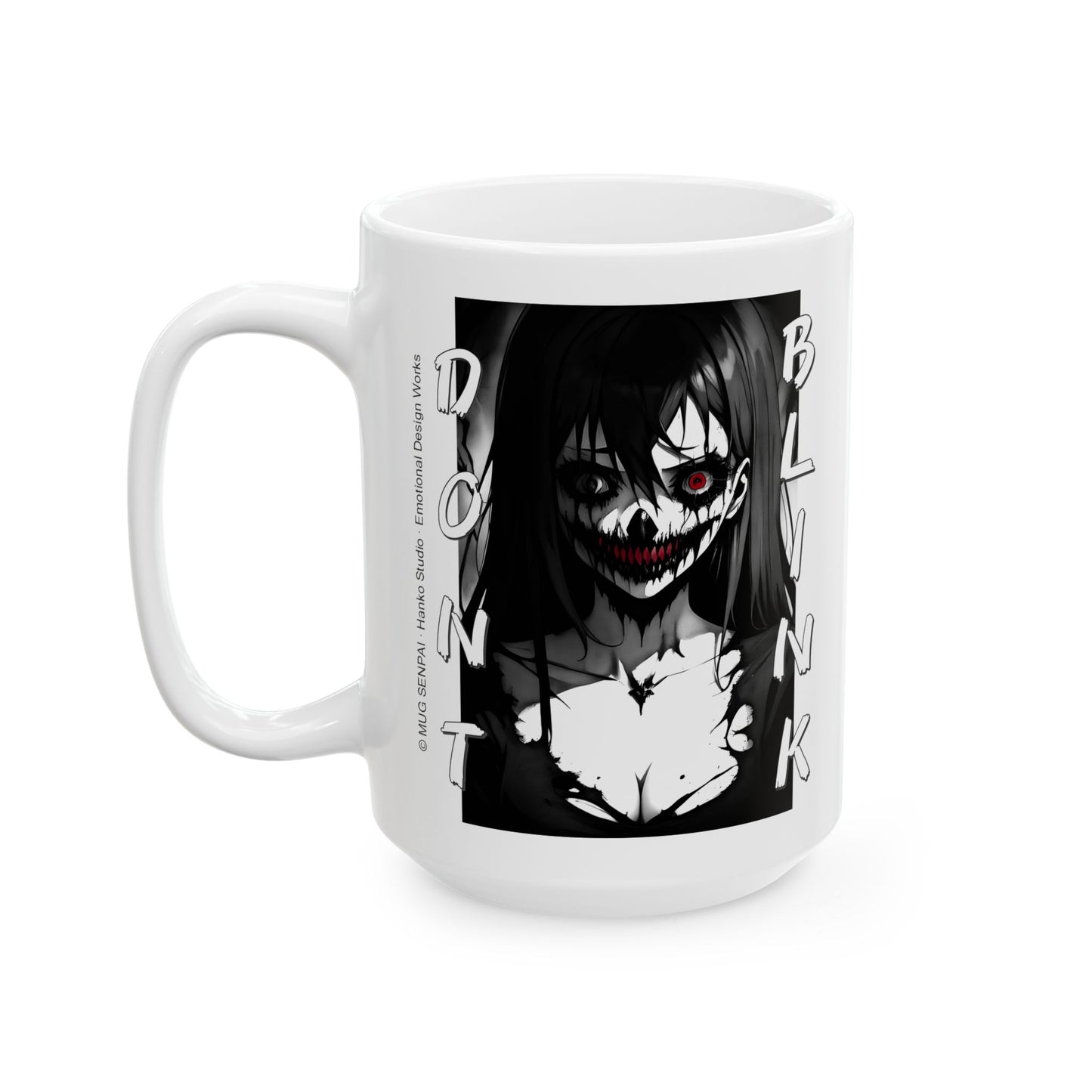 Horror Anime Girl Mug – Don’t Blink Creepy Manga Art Cup, Dark Aesthetic Coffee Gift for Horror Fans