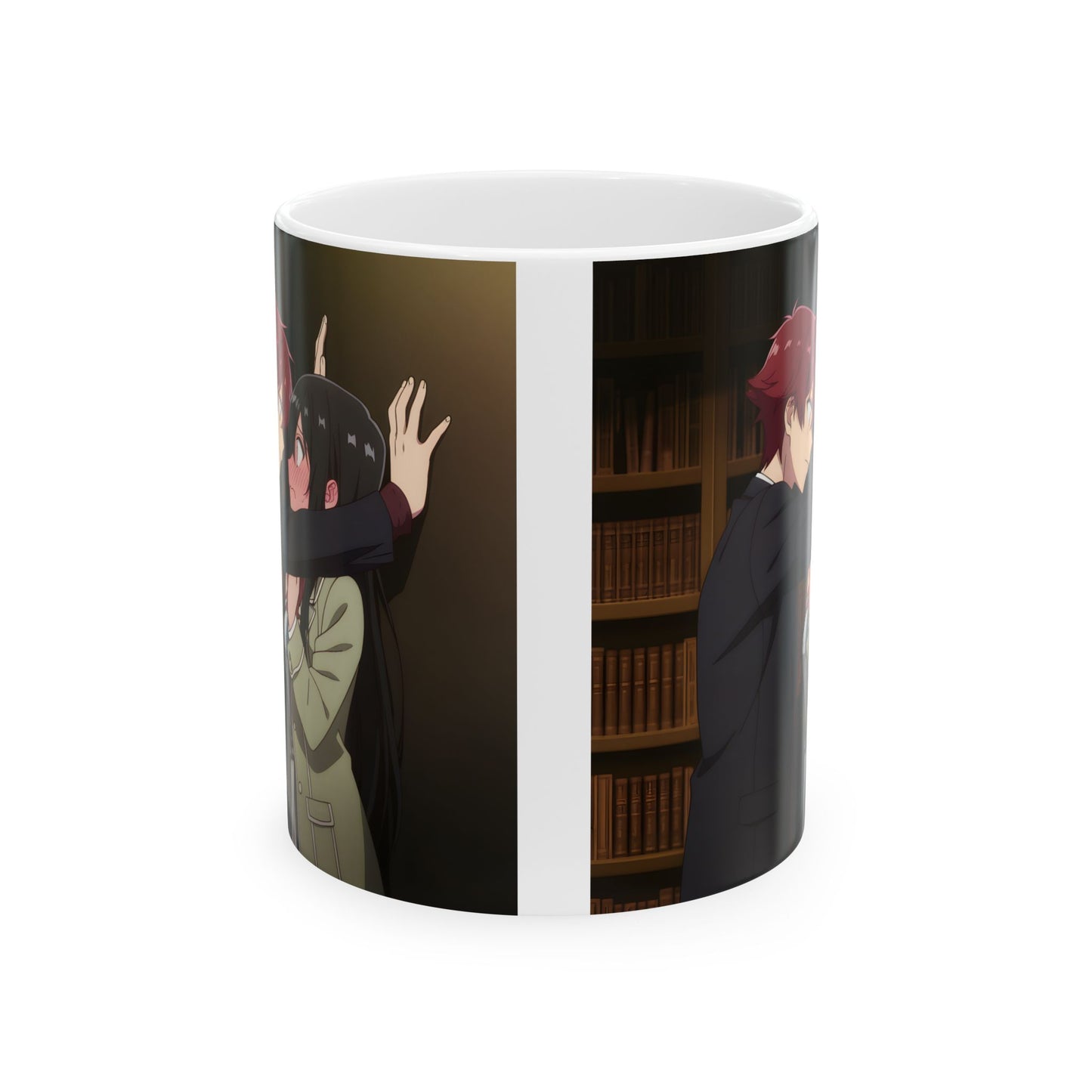 Anime Romance Mug – Heart-Stopping Kabe-Don Scene, Blushing Library Moment, Cute Couple Coffee Cup