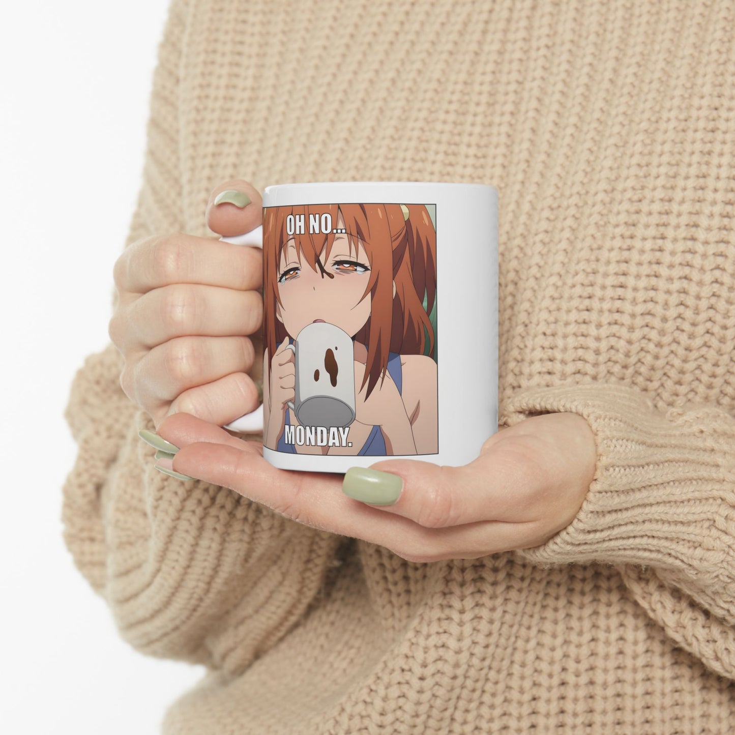 Anime Monday Mug – Oh No Meme Coffee Cup with Tired Girl, Funny Otaku Gift for Work Chaos, Exhausted Mornings, and Relatable Weeb Burnout