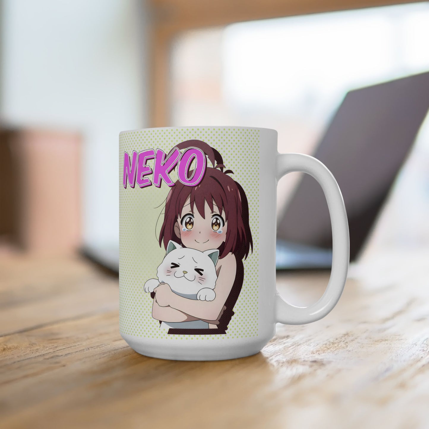 Kawaii Cat Mug – Cute Anime Girl Hugging Chubby Neko, Cozy Anime Coffee Cup for Cat Lovers