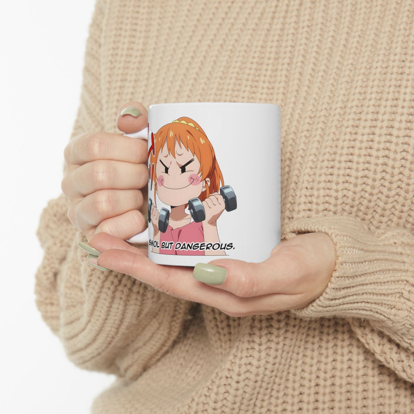 Funny Anime Mug – Smol But Dangerous Chibi Girl Lifting Weights, Otaku Coffee Cup for Chaotic Gym Vibes and Kawaii Workout Energy