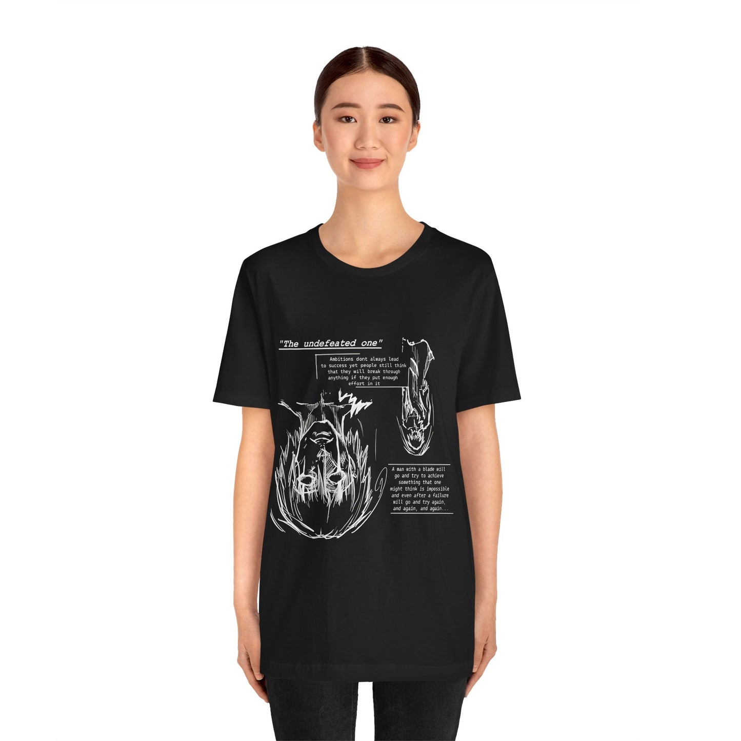 Cross-Eyed Samurai T-Shirt – Fall of the Undefeated, Hand-Drawn Manga Art Tee, Mythic Anime Shirt, Black & White Samurai Graphic for Fans