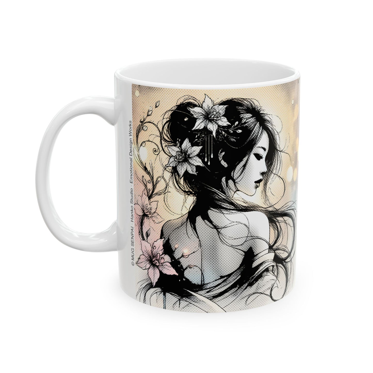 Floral Manga Mug – Elegant Ink Line Art Girl, Soft Japanese-Inspired Flower Scene, Aesthetic Anime Coffee Cup