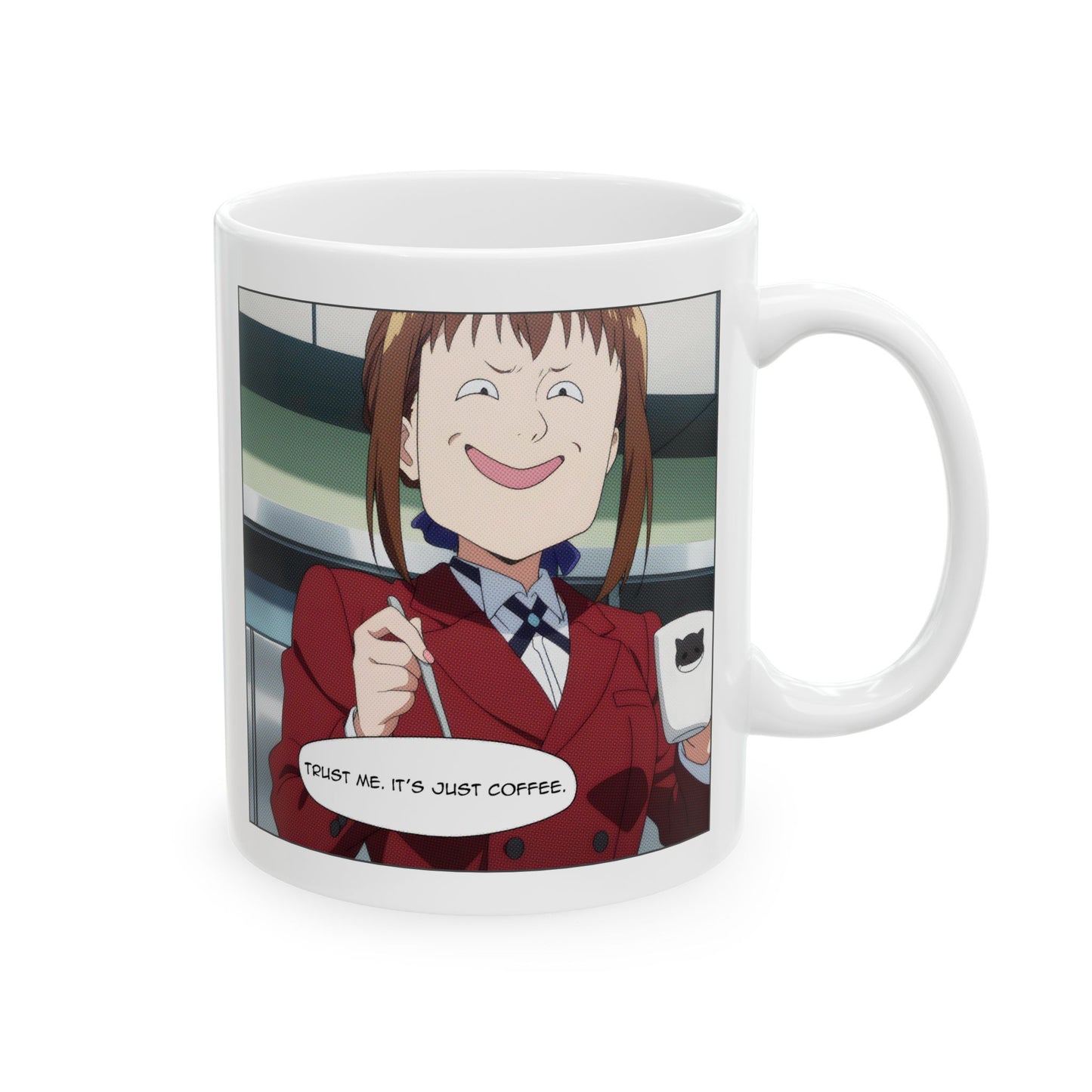 Anime Coffee Mug – Suspicious Girl Meme Cup with “Trust Me It’s Just Coffee” Quote, Funny Otaku Gift for Work Chaos
