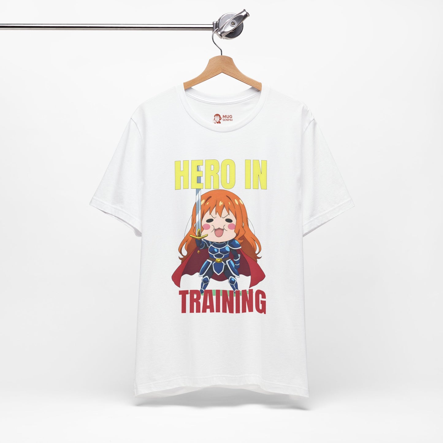 Anime Hero T-Shirt – Chibi Knight Girl “Hero in Training” Tee, Cute Fantasy Graphic Shirt, Encouraging Otaku Gift for Gamers and Dreamers
