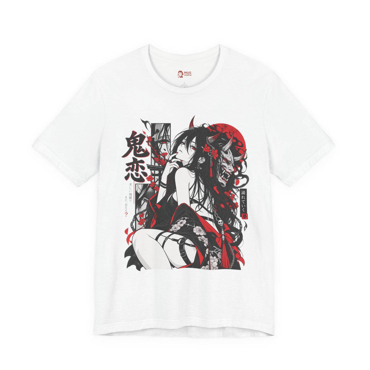 Anime Demon Girl Tee – Red Black Oni Mask Manga Art