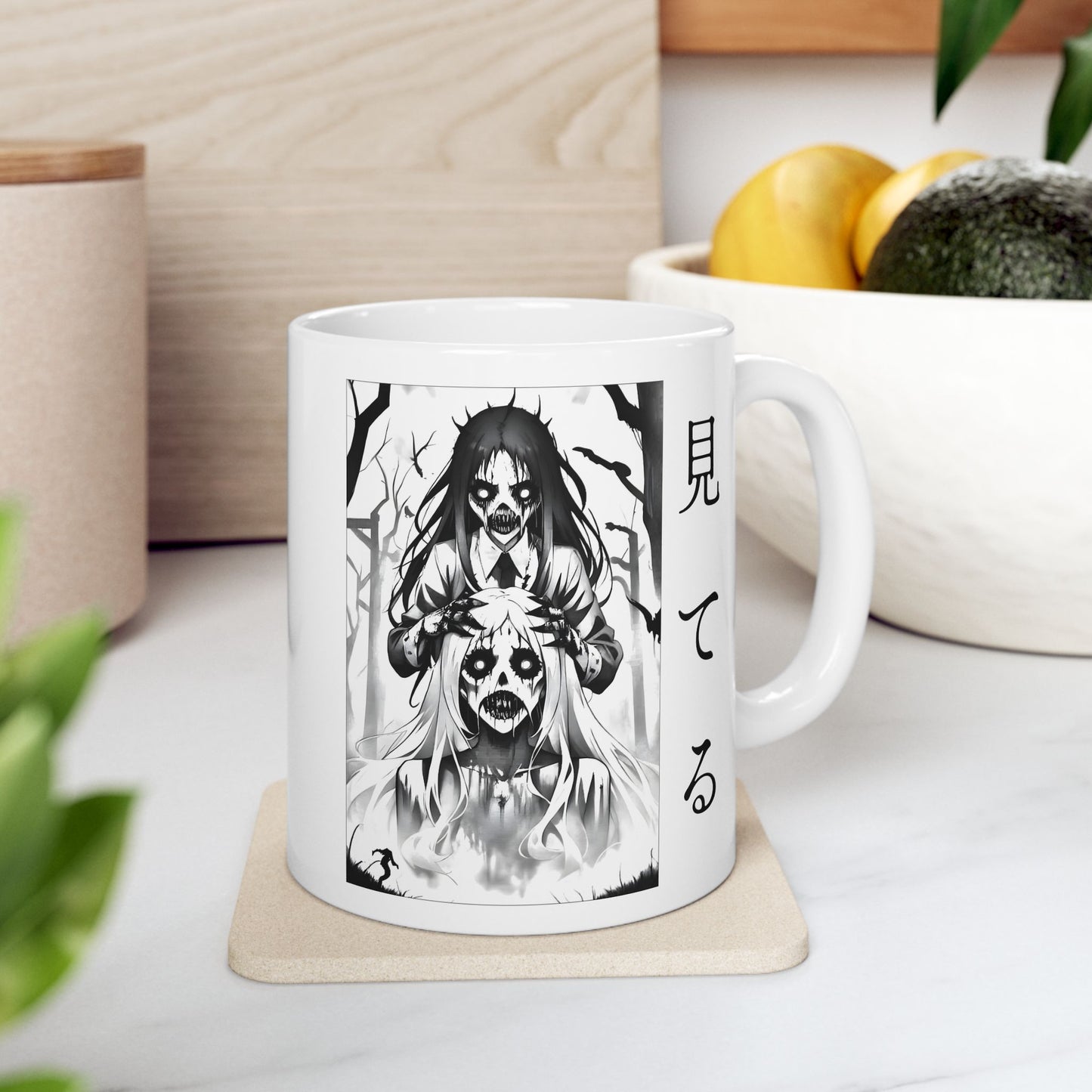 Anime Horror Mug – Creepy Ghost Girls in Forest, Gothic Black-and-White Cup with Kanji, Disturbing Coffee Gift for Horror Fans